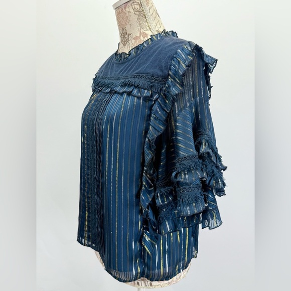 MISA LOS ANGELES Navy blue with gold stripe ruffle accent blouse size M - Picture 2 of 13
